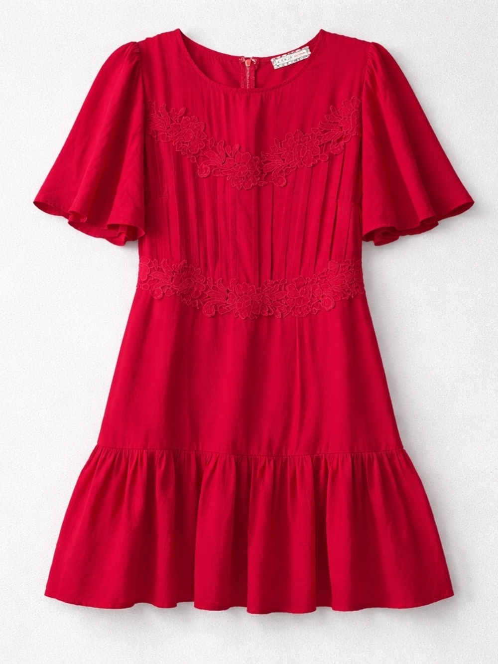 A. Calin by Flying Tomato Red Mini Dress | Lace Detail | Flowy Tiered | Medium - Picture 4 of 12